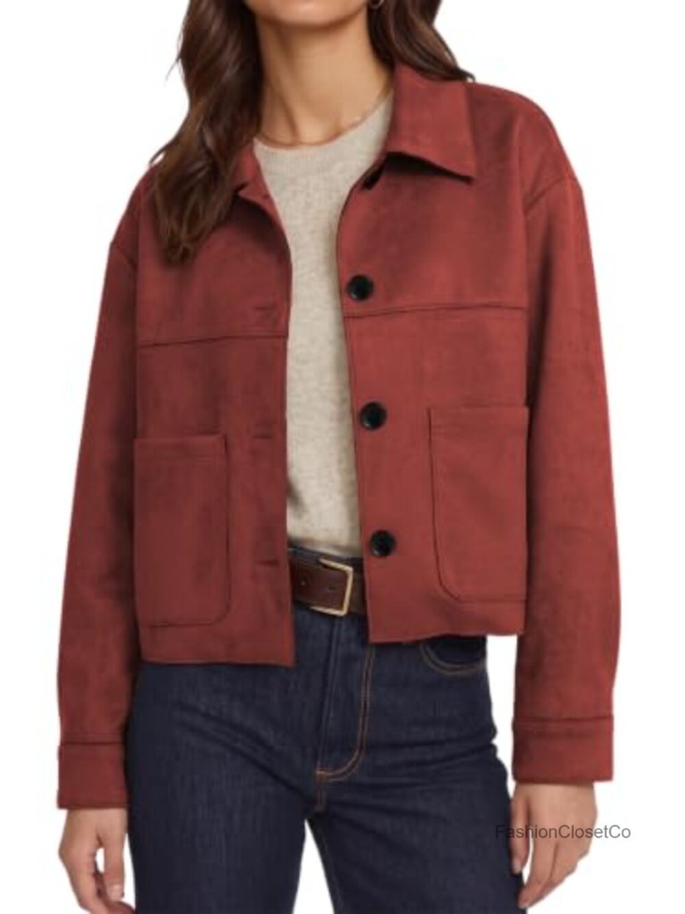 Faux Suede Cropped Bomber Jacket Button Down Crew Neck Pockets